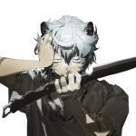  1boy absurdres animal_ears arknights bandaid bandaid_on_hand bear_ears covered_mouth grey_eyes grey_hair grey_shirt hand_on_own_head hands_up highres holding holding_knife jaye_(arknights) knife looking_at_viewer male_focus quirrel_(gharnedanshyo) shirt short_hair short_sleeves simple_background solo t-shirt upper_body white_background 