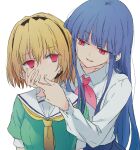  2girls age_difference bangs black_hairband blonde_hair blue_hair blunt_bangs bow chin collared_shirt commentary_request dress eyebrows_visible_through_hair furude_rika grabbing_another&#039;s_chin green_dress hair_between_eyes hairband hand_on_another&#039;s_cheek hand_on_another&#039;s_chin hand_on_another&#039;s_face highres higurashi_no_naku_koro_ni hime_cut houjou_satoko long_hair long_sleeves maromi_(am97) multiple_girls neckerchief open_mouth pink_bow red_eyes sailor_collar school_uniform shirt short_hair sidelocks simple_background st._lucia_academy_school_uniform white_background white_sailor_collar white_shirt yellow_neckerchief yuri 
