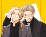  2boys bess_fe0 black_shirt black_suit blonde_hair brown_eyes cigarette closed_eyes dated ear_piercing given grey_jacket hand_on_another&#039;s_head jacket kaji_akihiko lip_piercing long_hair male_focus mouth_hold multiple_boys nakayama_haruki necktie piercing ponytail shirt short_hair simple_background smile upper_body white_necktie yaoi yellow_background 