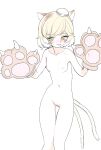  1girl animal_ears animal_hands arknights blonde_hair blush breasts green_eyes hat highres kaede_(shijie_heping) monochrome mousse_(arknights) multiple_tails nipples nude open_mouth pussy short_hair small_breasts solo tail tears translated two_tails 