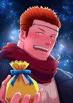  1boy alternate_costume bara blue_eyes blush fle0423 heterochromia highres incoming_gift looking_at_viewer male_focus pollux_(housamo) red_hair red_scarf scarf short_hair sideburns smile solo starry_background tokyo_afterschool_summoners upper_body yellow_eyes 