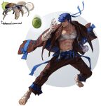  1boy abs absurdres bandaged_arm bandages bara barefoot belt blue_belt blue_hair blue_ribbon brown_coat brown_pants chest_sarashi clenched_hand coat coat_on_shoulders coconut coconut_crab crab full_body highres long_sideburns male_focus muscular muscular_male navel navel_hair original pants pectoral_cleavage pectorals personification ribbon rinotuna sarashi serious shadow short_hair sideburns solo standing 