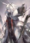  1girl animal_ears arknights black_gloves black_pants black_shirt coat feet_out_of_frame frostnova_(arknights) gloves grey_eyes grey_hair hair_ornament hair_over_one_eye hairclip highres long_hair open_clothes open_coat pants rabbit_ears scar scar_on_face scar_on_nose shirataki_jiro shirt solo weapon white_coat 