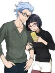  1boy 1girl black_hair blue_eyes blue_hair breasts cellphone closed_mouth glasses gundam gundam_g_no_reconguista jewelry kei-co luin_lee mask_(gundam_g_no_reconguista) open_mouth pantyhose phone short_hair shorts simple_background smile sweater white_background 