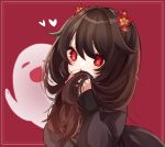  1girl bangs blush brown_coat brown_hair coat commentary flower-shaped_pupils genshin_impact ghost hair_flaps heart holding holding_hair hu_tao_(genshin_impact) long_hair long_sleeves looking_at_viewer ochasuke_(corono) red_background red_eyes sidelocks solo symbol-shaped_pupils twintails upper_body very_long_hair 