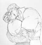  2boys absurdres aegir_(housamo) bara beard biceps blush couple crying facial_hair fins fle0423 from_side graphite_(medium) greyscale half-closed_eyes hand_on_another&#039;s_head highres leaning_on_person looking_at_another male_focus master_3_(housamo) mature_male monochrome multiple_boys muscular muscular_male saliva shirt_grab short_hair sideburns sketch sleeves_rolled_up tears tokyo_afterschool_summoners tongue torogao traditional_media upper_body yaoi 