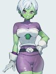  1girl belt bodysuit breasts cheelai colored_skin commentary_request dragon_ball dragon_ball_super dragon_ball_super_broly gloves green_skin grey_background kemachiku looking_at_viewer medium_breasts pink_eyes purple_bodysuit short_hair simple_background smile solo white_gloves white_hair 