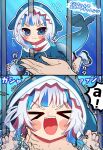  &gt;_&lt; 1girl 1other :3 a absurdres animal_hood aqua_hair blue_hair blue_nails blush_stickers closed_eyes commentary fish_tail gawr_gura gradient_hair highres hololive hololive_english hood multicolored_hair open_mouth pov sakuramochi_(sakura_frappe) shark_cage shark_girl shark_hood shark_tail sharp_teeth silver_hair smile snoot_challenge streaked_hair sweat tail teeth translated trembling virtual_youtuber 