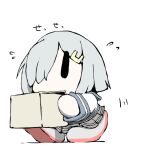  1girl box chibi commentary_request grey_footwear grey_skirt hair_ornament hair_over_one_eye hairclip hamakaze_(kancolle) holding kantai_collection no_mouth pleated_skirt school_uniform shirt shoes short_hair silver_hair simple_background skirt solo task_(s_task80) uniform walking white_background white_shirt |_| 