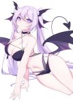 1girl bare_legs bare_shoulders breasts chinese_commentary cleavage demon_girl demon_tail demon_wings eyebrows_visible_through_hair hair_between_eyes head_wings heart heart_tail highres large_breasts looking_at_viewer midriff navel original purple_eyes purple_hair rx7649 sidelocks simple_background smile solo split_mouth string_bra tail thigh_gap thighs twintails white_background wings 