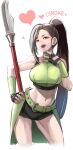  1girl breasts brown_eyes brown_hair butcha-u choker dragon_quest dragon_quest_xi green_belt green_choker hand_on_hip high_ponytail highres holding holding_polearm holding_weapon looking_at_viewer martina_(dq11) navel open_mouth polearm ponytail solo spear weapon 