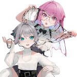  2girls :o bangs between_breasts breasts clothing_cutout dripping glasses green_eyes grey_hair grey_skirt hand_up high-waist_skirt highres hiiragi_mikoto holding large_breasts liquid_clothes liquid_hair long_sleeves miniskirt monster_girl multiple_girls nail_polish off-shoulder_sweater off_shoulder original pink_eyes pink_hair pink_nails pleated_skirt round_eyewear sae_(hiiragi_mikoto) shirt short_hair short_hair_with_long_locks short_sleeves shoulder_cutout simple_background sitting skirt slime_(substance) slime_girl surprised sweater thighhighs turtleneck turtleneck_sweater white_background white_legwear white_shirt white_sweater 