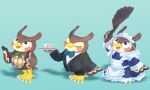  1boy alternate_costume animal_crossing bird black_eyes blathers_(animal_crossing) blue_background blue_bow blush_stickers bow bowtie butler closed_eyes cup enmaided feather_duster formal furry green_bow highres holding holding_tray maid maid_headdress multiple_views neocerapaima open_mouth owl suit teacup tray 