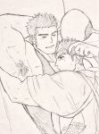  2boys arm_behind_head armpit_hair armpits bara blush couple face_to_pecs fle0423 graphite_(medium) greyscale large_pectorals long_sideburns lying_on_person male_focus master_3_(housamo) monochrome multiple_boys muscular muscular_male pectoral_pillow pectorals playing_with_another&#039;s_hair short_hair sideburns sidepec sketch sleeping sleeping_on_person smile tank_top toji_(housamo) tokyo_afterschool_summoners traditional_media yaoi 