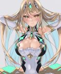  1girl bad_anatomy bangs bare_shoulders blonde_hair breasts chest_jewel cleavage cleavage_cutout clothing_cutout dress earrings elbow_gloves gloves hinot jewelry large_breasts long_hair mythra_(xenoblade) swept_bangs tiara very_long_hair white_dress white_gloves xenoblade_chronicles_(series) xenoblade_chronicles_2 yellow_eyes 