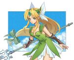  1girl blonde_hair blue_eyes breasts bridal_gauntlets closed_mouth cloud dress gloves helmet long_hair low-tied_long_hair polearm riesz seiken_densetsu seiken_densetsu_3 solo spear texture uboar very_long_hair weapon winged_helmet 