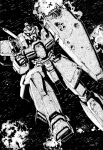  damaged english_commentary flying freedom_(mobile_suit) greyscale gun gundam gundam_g-saviour highres holding holding_gun holding_shield holding_weapon looking_at_viewer mecha mobile_suit monochrome no_humans novel_illustration official_art scan science_fiction shield solo space suzuki_masahisa third-party_source visor weapon 