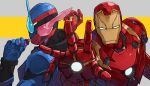  2boys arc_reactor armor bbbb_fex blue_armor blue_eyes crossover fullbottle heterochromia highres iron_man iron_man_(2008) iron_man_(series) kamen_rider kamen_rider_build kamen_rider_build_(series) looking_at_viewer male_focus marvel marvel_cinematic_universe multiple_boys power_armor rabbit+tank_form red_armor red_eyes superhero trait_connection upper_body white_eyes 