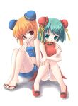  2girls bare_shoulders blush bun_cover china_dress chinese_clothes dress green_eyes green_hair multiple_girls non-web_source open_mouth orange_hair original panties piko_(mea) red_eyes sandals short_hair sitting skirt underwear white_background 