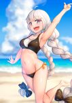  1girl absurdres arm_up armpits barefoot beach bikini black_bikini black_bow blue_sky blurry blurry_background blurry_foreground bow braid breasts cloud cloudy_sky commentary_request day depth_of_field eyebrows_visible_through_hair grey_eyes groin hair_bow highres horizon index_finger_raised kizuna_akari leg_up long_hair looking_at_viewer medium_breasts navel nicchi ocean open_mouth partial_commentary side-tie_bikini silver_hair sky smile solo standing standing_on_one_leg swimsuit twin_braids twintails very_long_hair voiceroid 