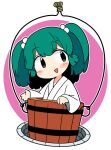  1girl :d bangs bucket commentary eyebrows_visible_through_hair green_eyes green_hair hair_bobbles hair_ornament in_bucket in_container ini_(inunabe00) japanese_clothes kimono kisume long_sleeves looking_at_viewer open_mouth short_hair smile solo touhou twintails well white_kimono wooden_bucket 