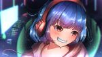 1girl absurdres bangs blue_hair blurry blurry_background blush english_commentary eyebrows_visible_through_hair gradient grin headphones highres indoors light looking_away monitor multicolored_hair namizukuri original red_eyes screen screen_light short_hair signature smile solo two-tone_hair 