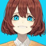 1girl absurdres blue_background blue_eyes bob_cut brown_hair collared_shirt commentary_request face grin highres original parted_lips portrait shirt short_hair simple_background smile solo sweater teeth yellow_sweater yoon_cook 