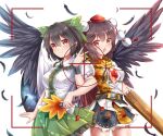  2girls absurdres arm_cannon armband bangs bird_wings black_hair black_ribbon black_skirt black_wings blush bow breasts brown_eyes brown_hair buttons cape center_frills charm_(object) chinese_commentary collared_shirt commentary_request control_rod cosplay costume_switch eyebrows_visible_through_hair feathers feng_ling_(fenglingwulukong) frilled_shirt_collar frilled_skirt frills green_bow green_skirt hair_between_eyes hair_bow hat hauchiwa highres leaf-pattern_stripe long_hair miniskirt multiple_girls neck_ribbon open_mouth pom_pom_(clothes) puffy_short_sleeves puffy_sleeves reiuji_utsuho reiuji_utsuho_(bird) reiuji_utsuho_(cosplay) ribbon shameimaru_aya shameimaru_aya_(cosplay) shirt short_hair short_sleeves sidelocks skirt smile starry_sky_print third_eye tokin_hat touhou v weapon white_background white_cape white_shirt wings 