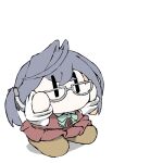  1girl blue_bow blue_bowtie bow bowtie brown_footwear chibi commentary_request dress dress_shirt glasses grey-framed_eyewear halterneck kantai_collection multicolored_hair no_mouth okinami_(kancolle) purple_dress shirt shoes short_hair simple_background solo task_(s_task80) white_background white_shirt |_| 