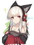 ... 1girl animal_ears arknights beanie black_headwear collarbone commentary_request diamond-shaped_pupils diamond_(shape) fox_ears frostleaf_(arknights) grey_shirt hat hat_removed headphones headwear_removed highres implied_extra_ears jacket long_hair looking_at_viewer off_shoulder oripathy_lesion_(arknights) red_eyes red_jacket red_nails shirt solo symbol-shaped_pupils white_hair yki 