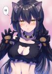  1girl alternate_costume animal_ear_fluff animal_ears bangs bell black_bra black_collar black_hair blush bra breasts bright_pupils cat_cutout cat_ears cat_lingerie claw_pose cleavage cleavage_cutout clothing_cutout collar collarbone colored_eyelashes commentary_request dandelion_(girls&#039;_frontline) eyebrows_visible_through_hair frilled_bra frills girls&#039;_frontline gradient gradient_background hair_between_eyes hair_ornament hairclip half-closed_eyes halftone halftone_background hands_up highres jingle_bell kemonomimi_mode lingerie long_hair looking_at_viewer mechanical_arms medium_breasts meme_attire navel neck_bell parted_bangs parted_lips pink_background shiny shiny_hair shiny_skin sidelocks solo speech_bubble underwear underwear_only upper_body very_long_hair xlscaler yellow_eyes 