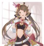 1girl belt black_dress blurry blurry_background blush border breasts brown_hair cleavage cleavage_cutout clothing_cutout cowboy_shot detached_sleeves dress gift gloves granblue_fantasy green_eyes hair_ornament hair_scrunchie harie_(granblue_fantasy) hat long_hair looking_at_viewer medium_breasts mini_hat navel navel_cutout open_mouth outside_border scrunchie smile solo teeth twintails upper_teeth white_border white_gloves window wuming 