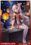  1girl absurdres architecture bangs blue_eyes border bridge building china_dress chinese_clothes closed_mouth dress east_asian_architecture full_body hair_ornament highres honkai_(series) honkai_impact_3rd lantern long_hair looking_at_viewer night night_sky ponytail sitting sky smile solo star_(sky) starry_sky theresa_apocalypse theresa_apocalypse_(starlit_astrologos) thighhighs white_hair white_legwear yiduan_zhu zhuge_kongming_(honkai_impact) 