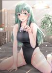  1girl aqua_eyes aqua_hair arena_(company) bed black_swimsuit blurry blurry_background breasts commentary_request condom condom_wrapper drawer hair_ornament hairclip highleg highleg_swimsuit holding kantai_collection lamp large_breasts logo long_hair looking_at_viewer plant potted_plant shohei_(piranha5hk) sitting solo suzuya_(kancolle) swimsuit tongue tongue_out wariza 