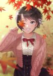  1girl :d autumn autumn_leaves bangs black_hair blouse blue_skirt blurry blurry_background blurry_foreground bow bowtie cable_knit cardigan commentary covering_one_eye depth_of_field eyelashes falling_leaves frilled_blouse frills green_eyes grin hair_ribbon holding holding_leaf hololive leaf long_sleeves looking_at_viewer maple_leaf nail_polish one_eye_closed oozora_subaru outdoors pink_cardigan pink_nails plaid plaid_skirt red_bow red_bowtie red_ribbon ribbon short_hair skirt smile solo standing swept_bangs tree upper_body virtual_youtuber white_blouse white_ribbon yamamori_umi 