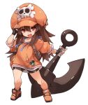  1girl anchor arm_up bangs bike_shorts black_gloves black_shorts boots brown_hair cabbie_hat commentary_request eyebrows_visible_through_hair fingerless_gloves full_body gloves guilty_gear guilty_gear_strive hair_between_eyes hat holding hood hood_down hoodie karukan_(monjya) long_hair long_sleeves may_(guilty_gear) orange_footwear orange_headwear orange_hoodie red_eyes salute short_shorts shorts simple_background skull_and_crossbones solo standing very_long_hair white_background 
