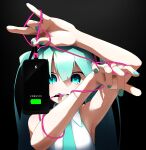  1girl absurdres aqua_eyes aqua_hair aqua_nails aqua_necktie arm_up armpits bangs black_background blue_eyes blue_nails cable cellphone commentary dot_nose electricity hair_between_eyes hair_ornament hatsune_miku highres holding kinosuke_(pattaba) long_hair looking_at_viewer mouth_hold nail_polish necktie phone power_symbol power_symbol-shaped_pupils shirt simple_background sleeveless sleeveless_shirt smartphone solo twintails upper_body vocaloid 