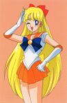  1990s_(style) 1girl aino_minako bangs bishoujo_senshi_sailor_moon blonde_hair blue_bow blue_eyes bow choker cowboy_shot elbow_gloves feet_out_of_frame gloves hair_bow leotard long_hair looking_at_viewer magical_girl miniskirt official_art one_eye_closed open_mouth orange_background orange_choker orange_sailor_collar orange_skirt pleated_skirt retro_artstyle sailor_collar sailor_venus salute scan simple_background skirt solo tiara very_long_hair 