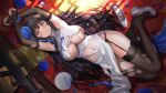  1girl absurdres armpits arms_up assault_rifle bare_shoulders black_hair blue_flower blue_ribbon bound bound_wrists breasts bridal_gauntlets brown_legwear bullpup china_dress chinese_clothes cleavage dress flower garter_belt girls&#039;_frontline gun hair_flower hair_ornament hand_fan highres large_breasts long_hair looking_at_viewer lying navel no_bra no_panties on_back paper_fan pelvic_curtain petals qbz-95 restrained revealing_clothes ribbon rifle sakamuke shoes sleeveless sleeveless_dress smile solo thighhighs thighs torn_clothes torn_dress torn_legwear type_95_(girls&#039;_frontline) underboob very_long_hair weapon white_dress white_footwear yellow_eyes 