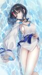  1girl absurdres bangs bare_legs bare_shoulders black_hair blue_eyes blue_ribbon blue_sash breasts closed_mouth dress eyebrows_visible_through_hair fate/grand_order fate/requiem fate_(series) hand_on_own_stomach highres large_breasts long_sleeves looking_at_viewer lying magatama magatama_hair_ornament medium_hair multicolored_hair on_back panties red_hair ribbon sash short_dress side-tie_panties sideboob sideless_outfit solo streaked_hair thighs underwear utsumi_erise wata0933 water wet white_dress 