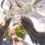  1girl blush body_fur breasts cleavage commentary elil_(granblue_fantasy) feathered_wings granblue_fantasy green_eyes hair_over_one_eye harpy head_wings horns lips looking_at_viewer medium_breasts monster_girl open_mouth smile solo upper_body wing_ornament winged_arms wings wuming 