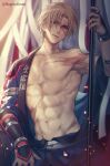  1boy abs arm_up bangs blurry blurry_background brown_gloves brown_hair character_request closed_mouth commentary_request depth_of_field eyebrows_visible_through_hair gloves green_eyes hagino_kouta half-closed_eyes highres holding looking_at_viewer male_focus navel necro_suicide_mission no_nipples open_clothes parted_bangs scar scar_across_eye scar_on_chest scar_on_stomach single_bare_shoulder solo sweat toned toned_male twitter_username v-shaped_eyebrows vambraces 
