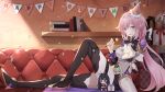  1girl absurdres baconontheclock bangs black_footwear book bookshelf boots breasts cake chibi cleavage confetti couch doll elysia_(honkai_impact) food food_on_face fork full_body gift happy_birthday highres holding holding_fork holding_plate honkai_(series) honkai_impact_3rd licking long_hair looking_at_viewer mobius_(honkai_impact) pink_hair plate pointy_ears purple_eyes raiden_mei raiden_mei_(herrscher_of_thunder) sitting solo thigh_boots thighhighs 