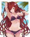  1girl anna_(granblue_fantasy) arm_garter armpits arms_up bikini blurry blurry_background blush border breasts collarbone commentary cowboy_shot frilled_bikini frills front-tie_top granblue_fantasy green_eyes groin hair_ornament hair_over_one_eye hands_in_hair long_hair looking_at_viewer navel outside_border purple_bikini red_eyes small_breasts solo swimsuit very_long_hair white_border wuming 