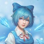  1girl bangs blue_dress blue_eyes blue_hair blue_theme bow breasts cirno collared_shirt dress ice ina_zuma lips puffy_short_sleeves puffy_sleeves red_neckwear shirt short_hair short_sleeves small_breasts smile solo touhou upper_body white_shirt 