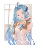  1girl absurdres ahoge bangs bare_shoulders blue_eyes blue_hair blurry blurry_background blush border bridal_gauntlets brooch choker collarbone dress granblue_fantasy hair_ornament highres jewelry long_hair looking_at_viewer lyria_(granblue_fantasy) open_mouth outside_border parted_bangs smile solo strapless strapless_dress upper_body white_border white_dress window wuming 
