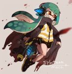  1girl artist_name bad_id bad_twitter_id bandage_on_face bandages bangs black_cape black_footwear black_shirt blunt_bangs blurry blurry_foreground cape copyright_name eyebrows_visible_through_hair floating green_hair grey_background headgear hero_shot_(splatoon) holding holding_weapon inkling leg_up long_hair long_sleeves maco_spl no_socks orange_eyes shirt shoes sneakers solo splatoon_(series) splatoon_1 splatoon_2 splatoon_2:_octo_expansion squidbeak_splatoon tentacle_hair torn_cape torn_clothes vest weapon yellow_vest 