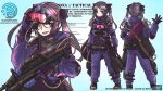  1girl :d a-91 adjusting_eyewear alternate_costume assault_rifle bag bangs black_gloves black_hair blue_eyes boots bow bulletproof_vest character_profile character_sheet chart combat_boots commentary contemporary eyebrows_visible_through_hair finger_on_trigger from_behind full_body genshin_impact gloves goggles gun hair_between_eyes hair_bow hair_ribbon holding holding_gun holding_weapon infrared introvert-kun jumpsuit knee_boots long_hair long_sleeves looking_at_viewer mona_(genshin_impact) pocket ribbon rifle sidelocks simple_background smile solo tactical_clothes twintails weapon 