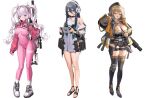  3girls bangs bare_legs bare_shoulders belt black_footwear black_hair black_legwear blush breasts brown_hair character_request dress earphones gun hair_between_eyes hair_ornament hairclip large_breasts leg_belt leotard long_hair long_sleeves looking_at_viewer microphone multicolored_clothes multiple_girls nikke_the_goddess_of_victory off_shoulder parted_bangs pink_eyes pink_leotard purple_eyes sandals silver_hair simple_background skindentation small_breasts smile standing tearlessflower thighhighs twintails weapon weapon_on_back white_background white_dress white_footwear yellow_eyes 