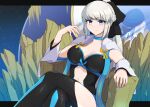  1girl black_bow black_dress blue_nails bow braid breasts center_opening cleavage clothing_cutout crossed_legs dress fate/grand_order fate_(series) french_braid grey_hair highres large_breasts light_blue_eyes lipstick long_hair looking_at_viewer makeup morgan_le_fay_(fate) nail_polish sitting solo stomach_cutout thighhighs two-tone_dress yata_masahara 